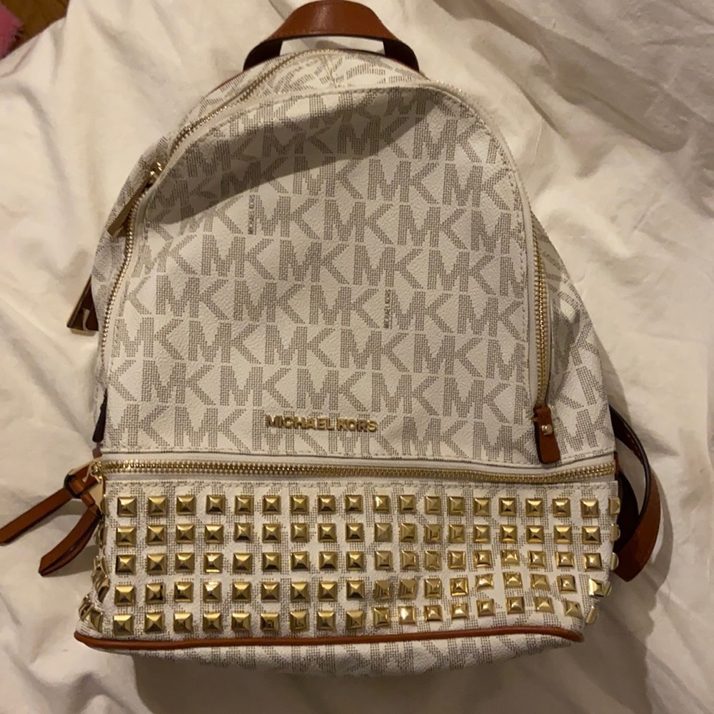 Michael kors signature logo MK studded ivory vanilla backpack purse bookbag